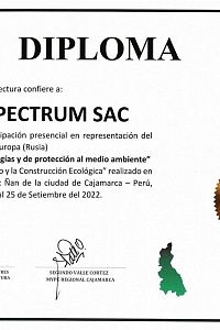Диплом за участие в выставке "La Feria del Diseño y Construcción Ecológica" в городе Кахамарка, Перу с 21 по 25 сентября 2022 года