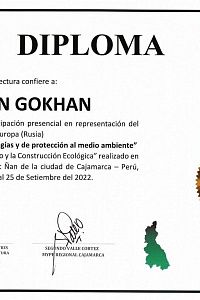 Диплом за участие в выставке "La Feria del Diseño y Construcción Ecológica" в городе Кахамарка, Перу с 21 по 25 сентября 2022 года_Gokhan